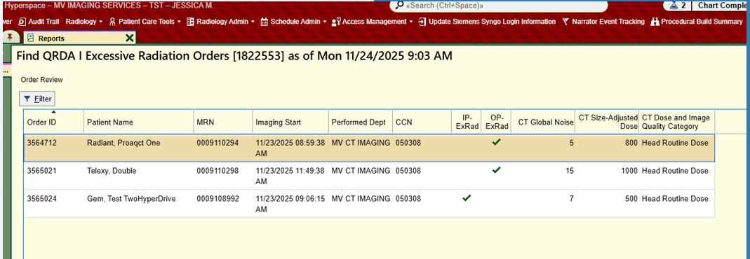 Epic results view showing ExRad data from ProAqCT